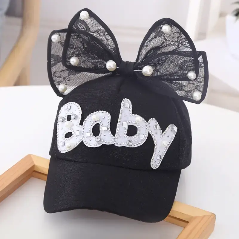 Baby Lady Cap with Bow Pearl Lace Black - Image 3