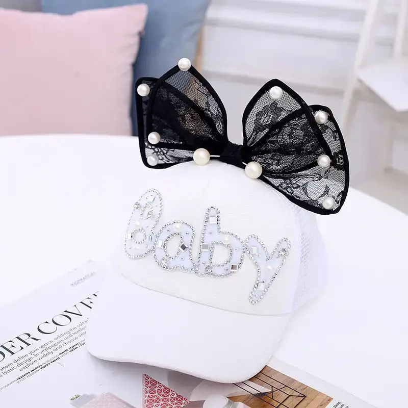 Baby Lady Cap with Bow Pearl Lace Black - Image 6