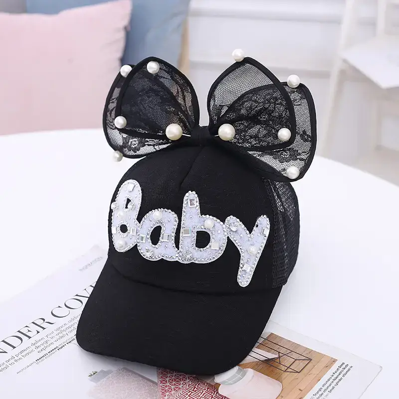 Baby Lady Cap with Bow Pearl Lace Black - Image 8