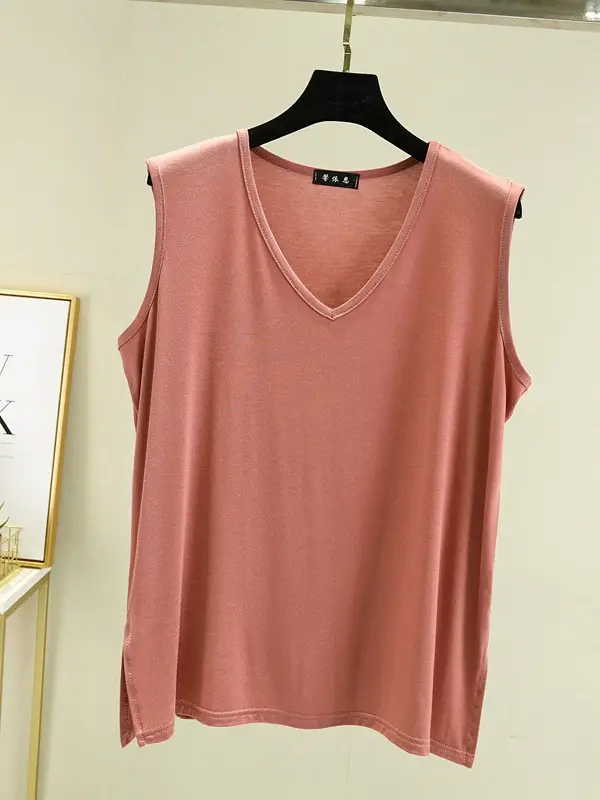 Women Sleeveless V-Neck T-Shirt Pink - Image 14