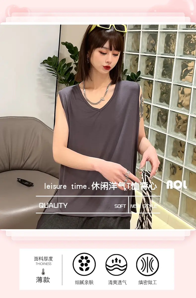 Women Sleeveless V-Neck T-Shirt Pink — feature 1
