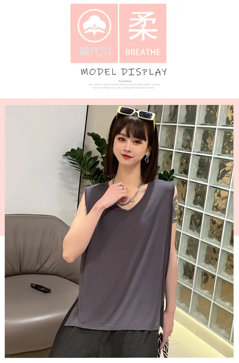 Women Sleeveless V-Neck T-Shirt Pink — feature 4
