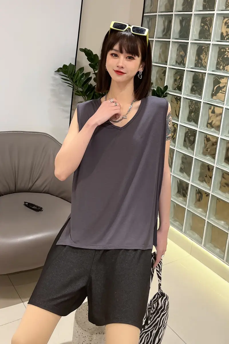 Women Sleeveless V-Neck T-Shirt Pink — feature 6