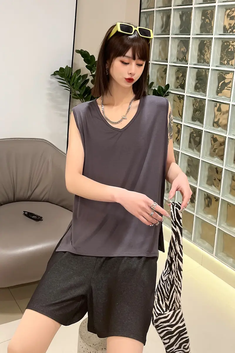 Women Sleeveless V-Neck T-Shirt Pink — feature 8