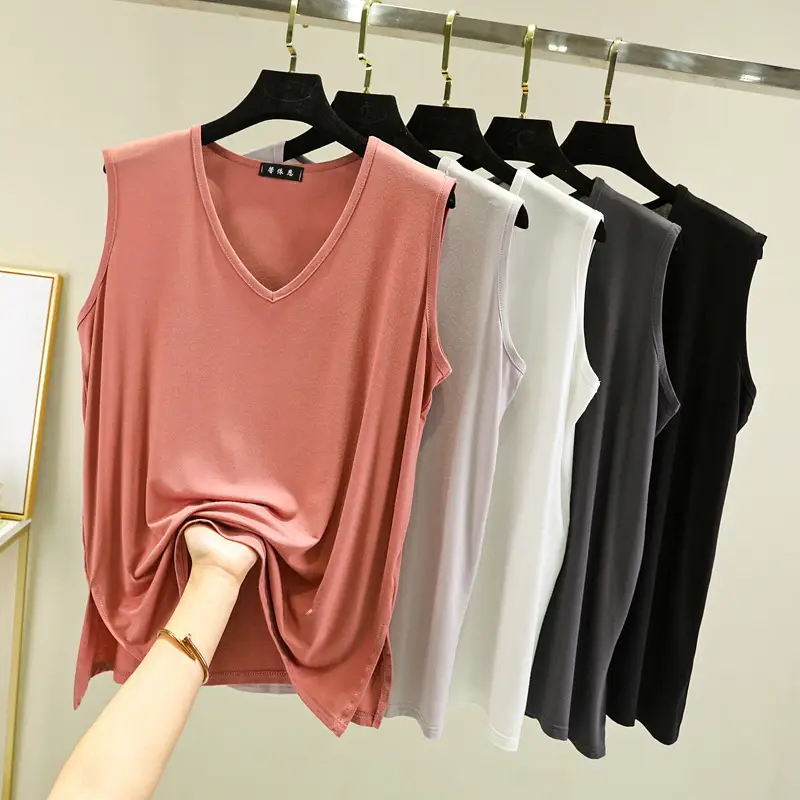 Women Sleeveless V-Neck T-Shirt Pink — feature 9