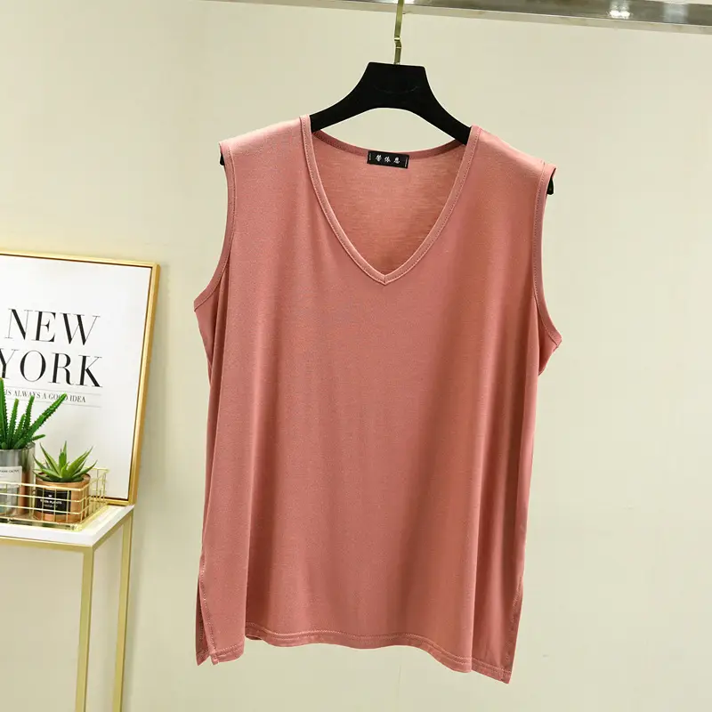 Women Sleeveless V-Neck T-Shirt Pink - Image 3