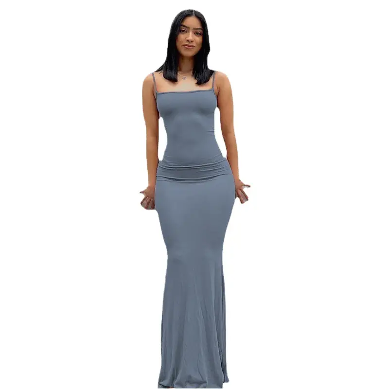Slim Fit Backless Long Dress Grey for Women - Image 45