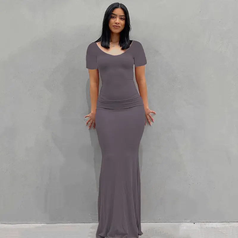 Slim Fit Backless Long Dress Grey for Women - Image 17