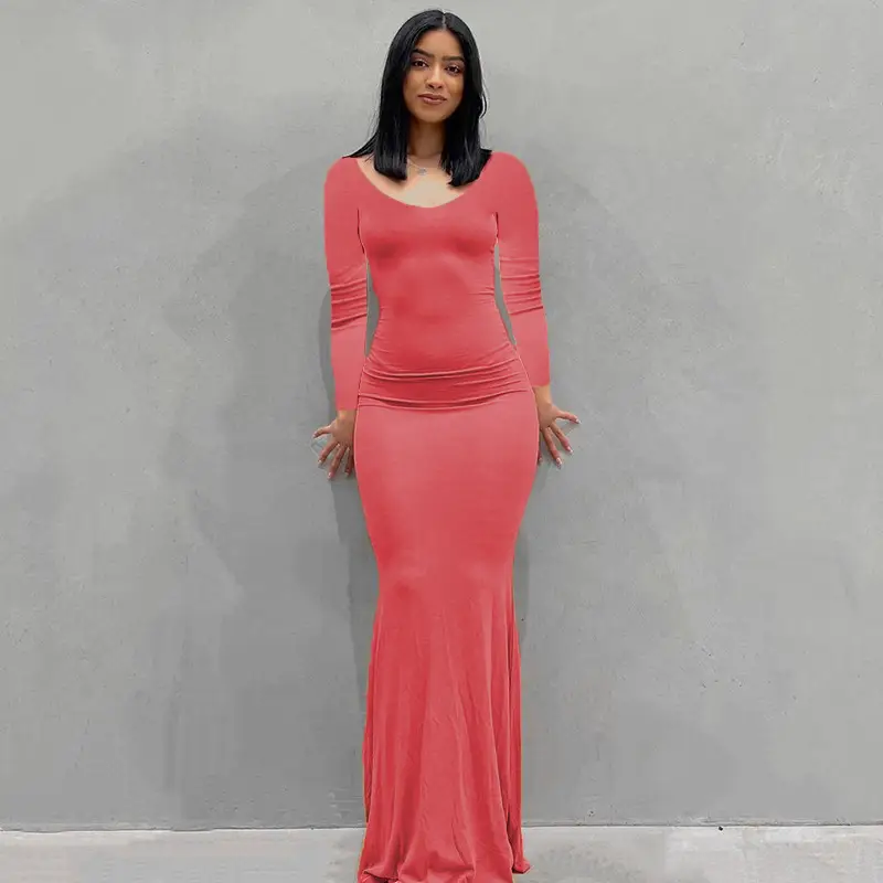 Slim Fit Backless Long Dress Grey for Women - Image 37