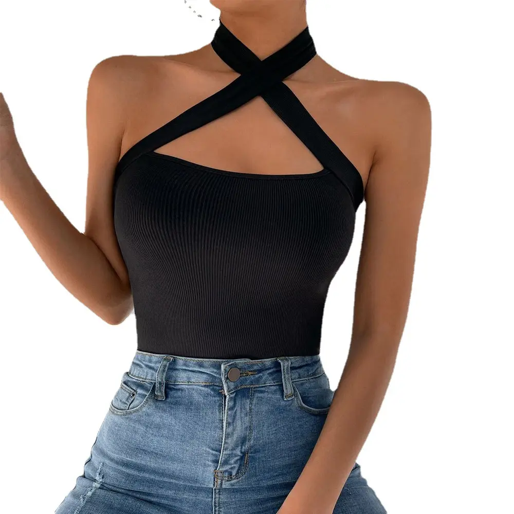 Black Halterneck Cross Vests for Women - Image 5