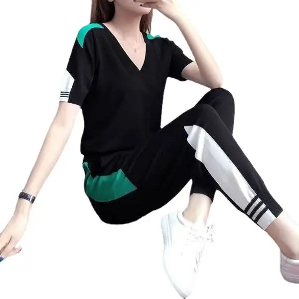 Women Casual Sports Suit Black V-Neck Pants 2025