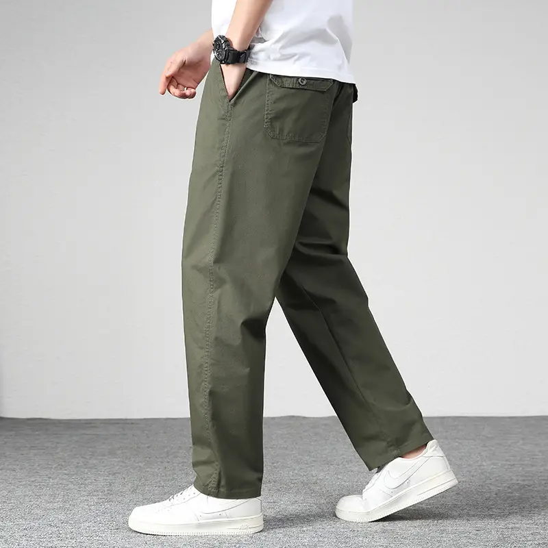 Men's Elastic Waist Straight Leg Pants Olive Green Cotton - Image 5