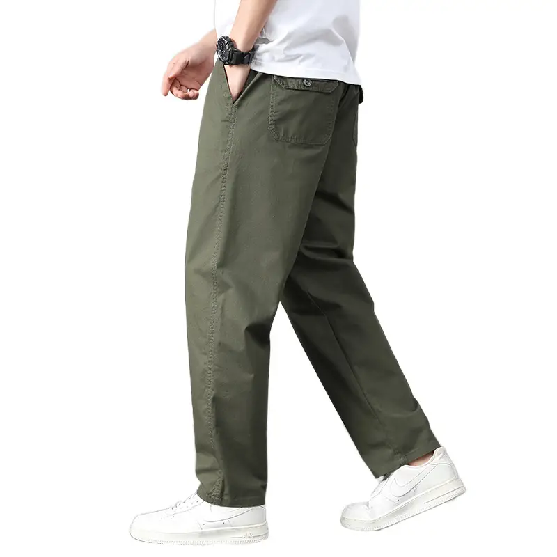 Men's Elastic Waist Straight Leg Pants Olive Green Cotton - Image 9