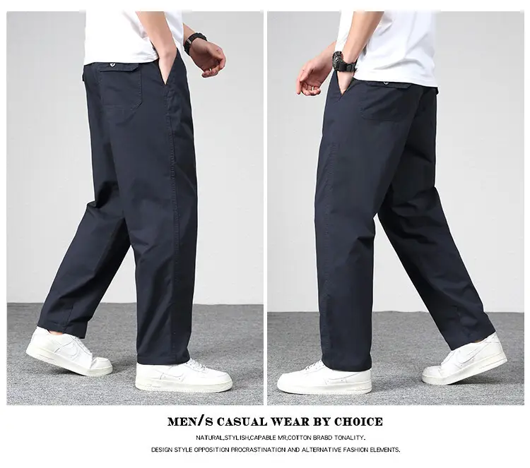 Men's Elastic Waist Straight Leg Pants Olive Green Cotton — feature 10