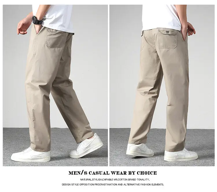 Men's Elastic Waist Straight Leg Pants Olive Green Cotton — feature 12