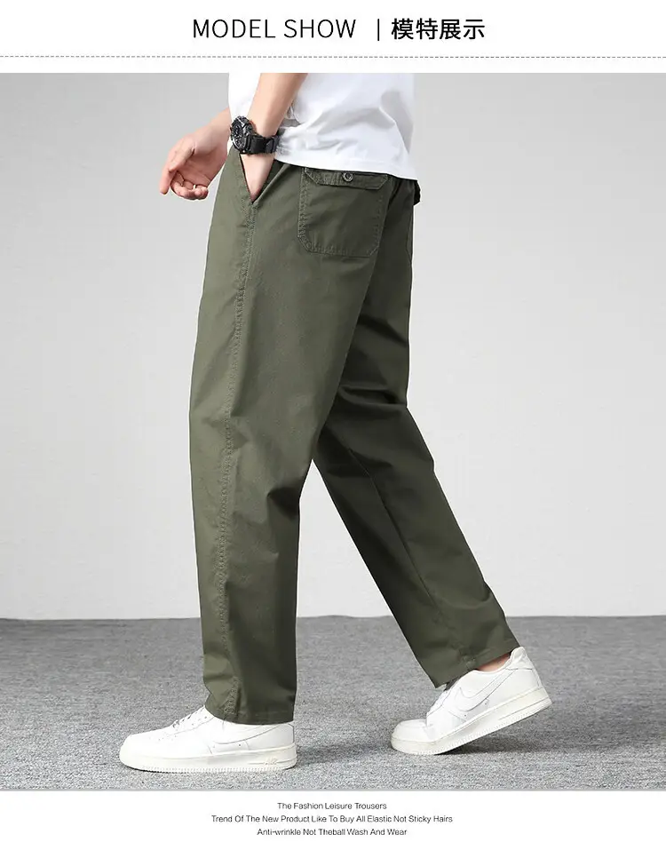 Men's Elastic Waist Straight Leg Pants Olive Green Cotton — feature 4
