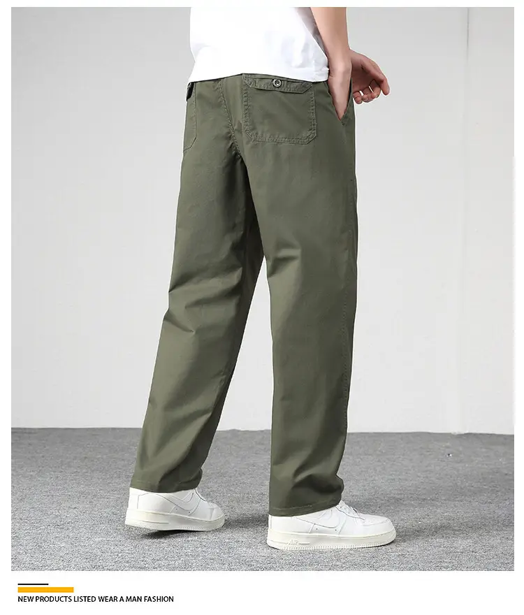 Men's Elastic Waist Straight Leg Pants Olive Green Cotton — feature 6
