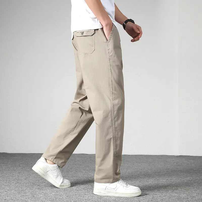 Men's Elastic Waist Straight Leg Pants Olive Green Cotton - Image 2
