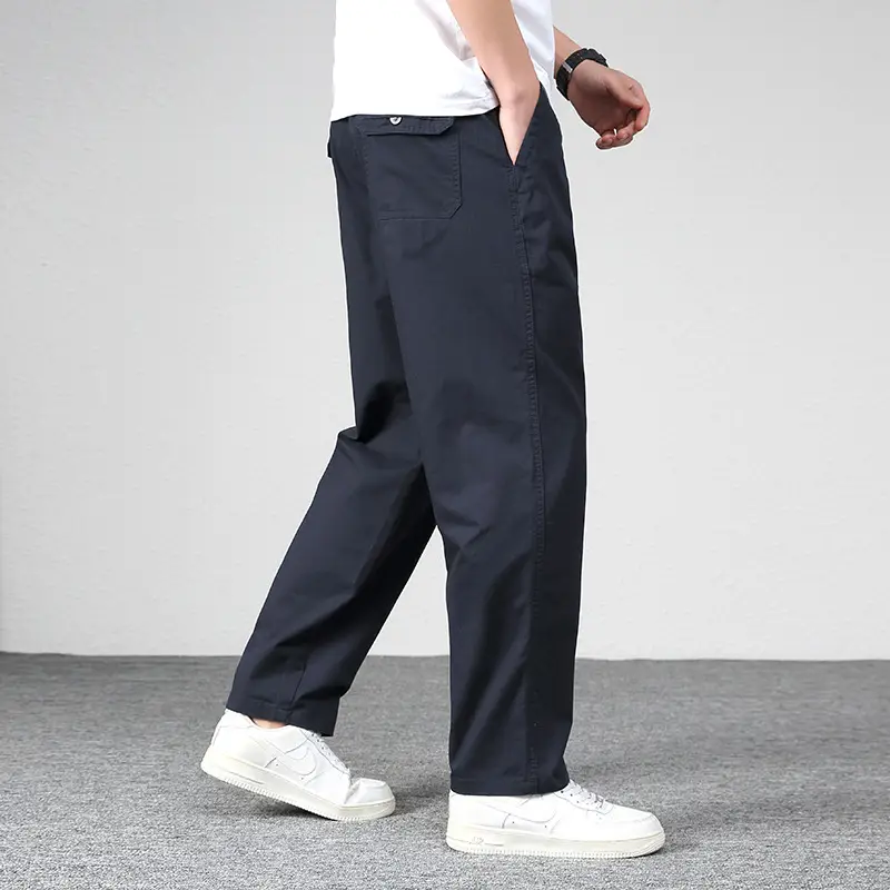 Men's Elastic Waist Straight Leg Pants Olive Green Cotton - Image 4