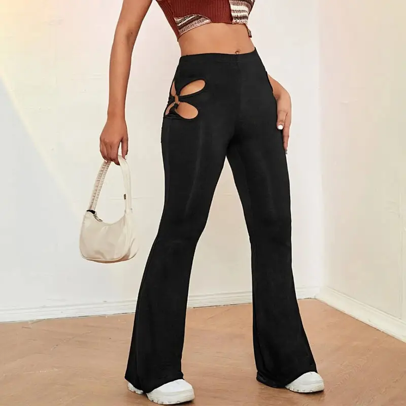 Maroon Slim Flared Hip Pants with Hollow Design - Image 5