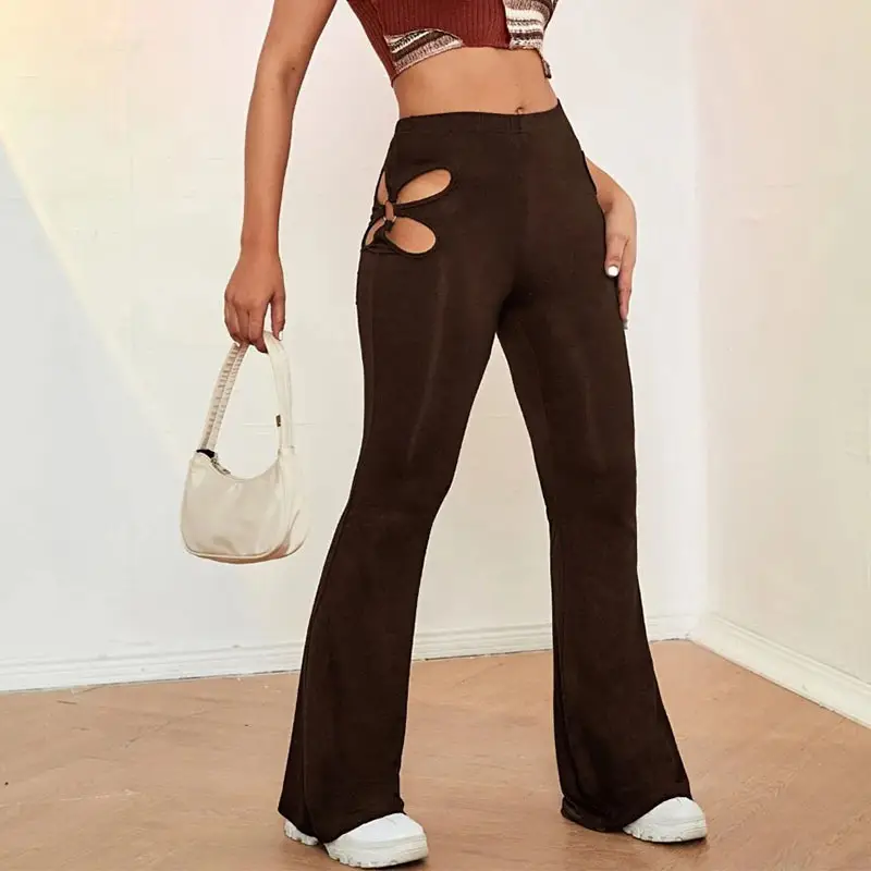 Maroon Slim Flared Hip Pants with Hollow Design - Image 6
