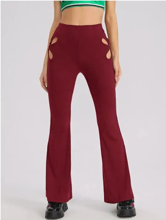 Maroon Slim Flared Hip Pants with Hollow Design - Image 3