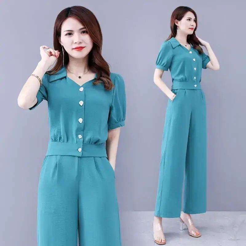 Women's Teal Button Front 2-Piece Summer Suit
