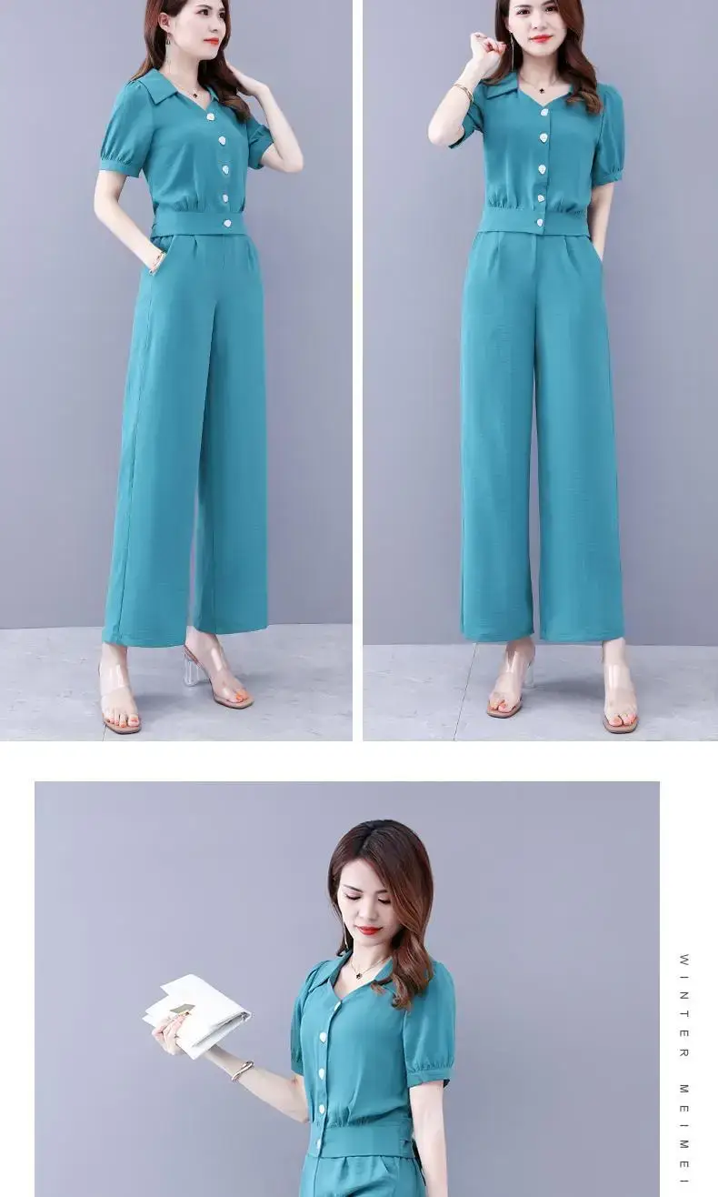 Women's Teal Button Front 2-Piece Summer Suit — feature 11