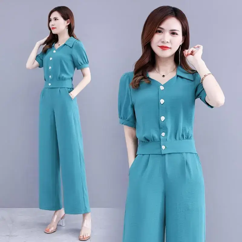 Women's Teal Button Front 2-Piece Summer Suit — feature 2