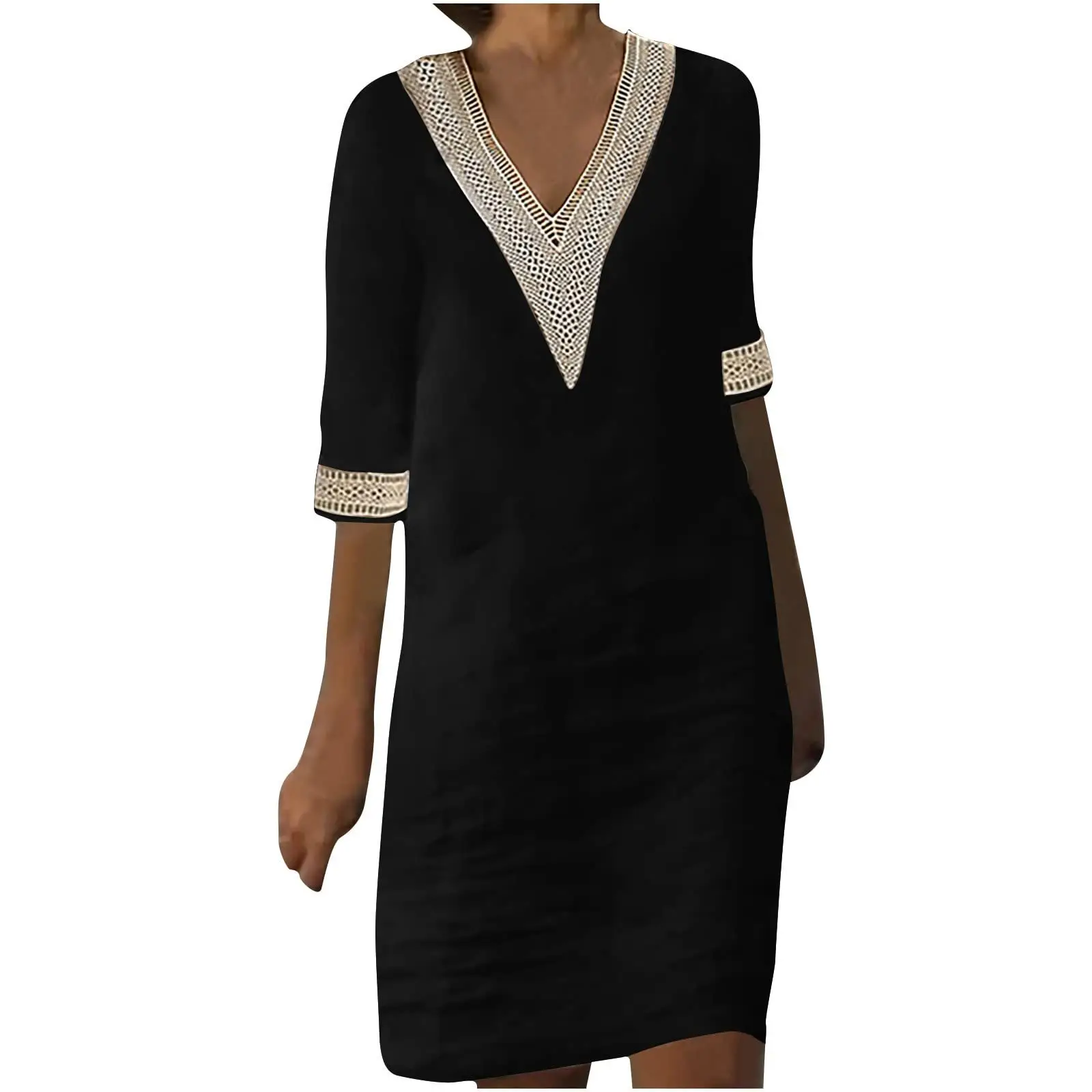 Women Cotton Linen V-Neck Dress White Seven Sleeve - Image 8