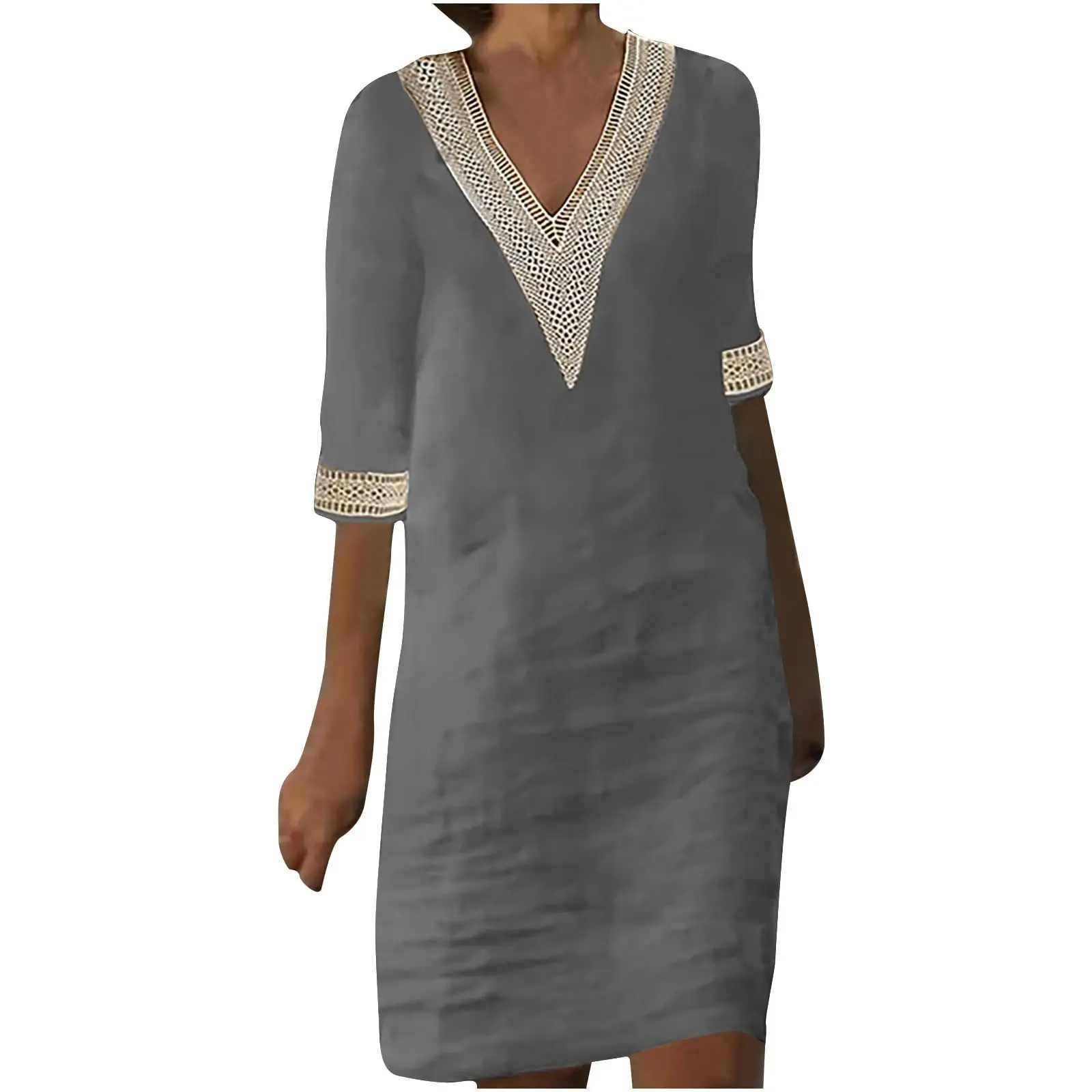 Women Cotton Linen V-Neck Dress White Seven Sleeve - Image 9