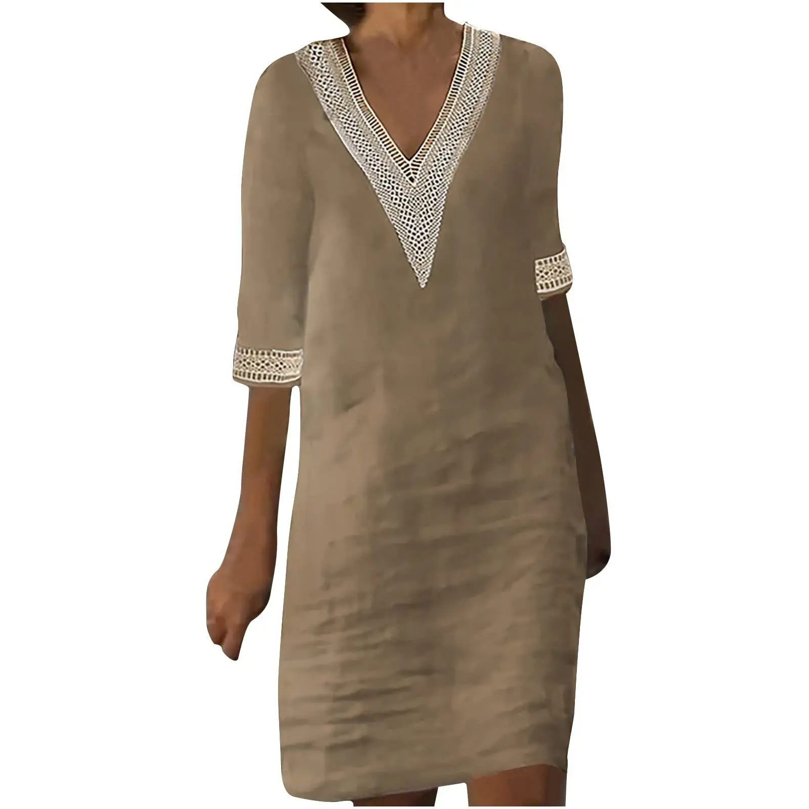 Women Cotton Linen V-Neck Dress White Seven Sleeve - Image 10