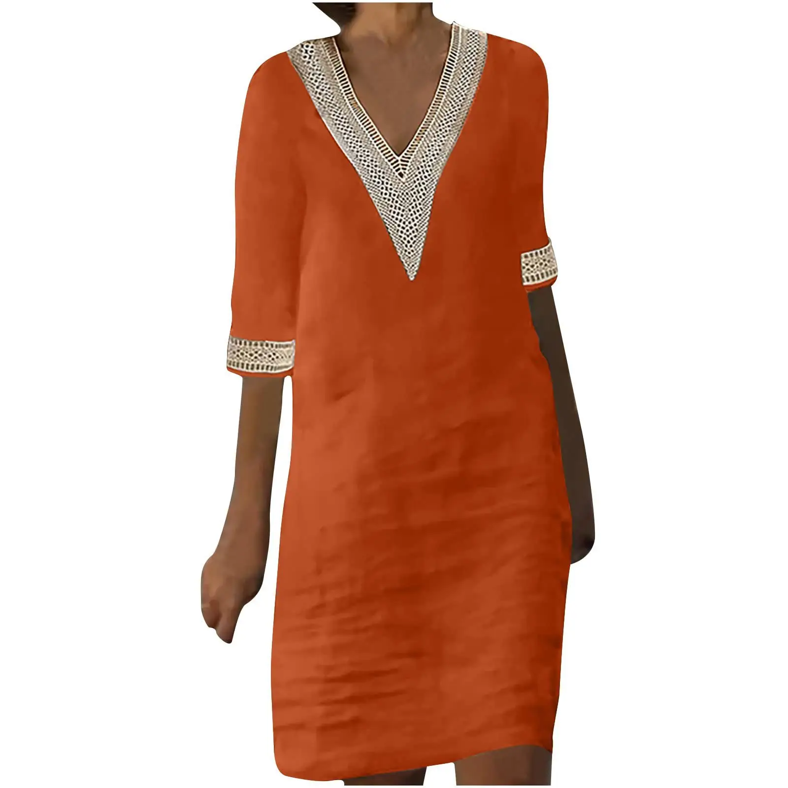 Women Cotton Linen V-Neck Dress White Seven Sleeve - Image 11