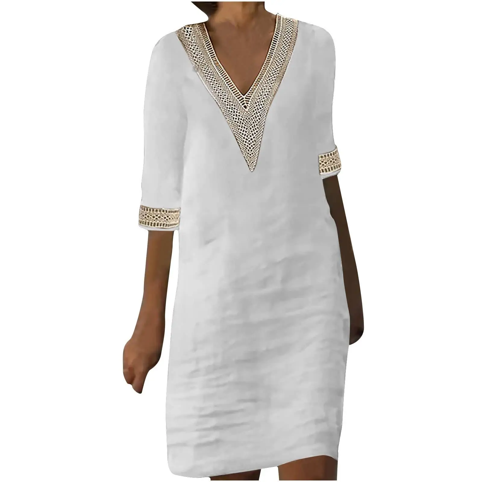 Women Cotton Linen V-Neck Dress White Seven Sleeve - Image 12