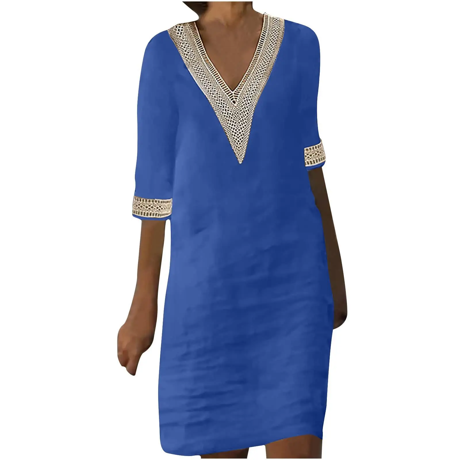 Women Cotton Linen V-Neck Dress White Seven Sleeve - Image 4