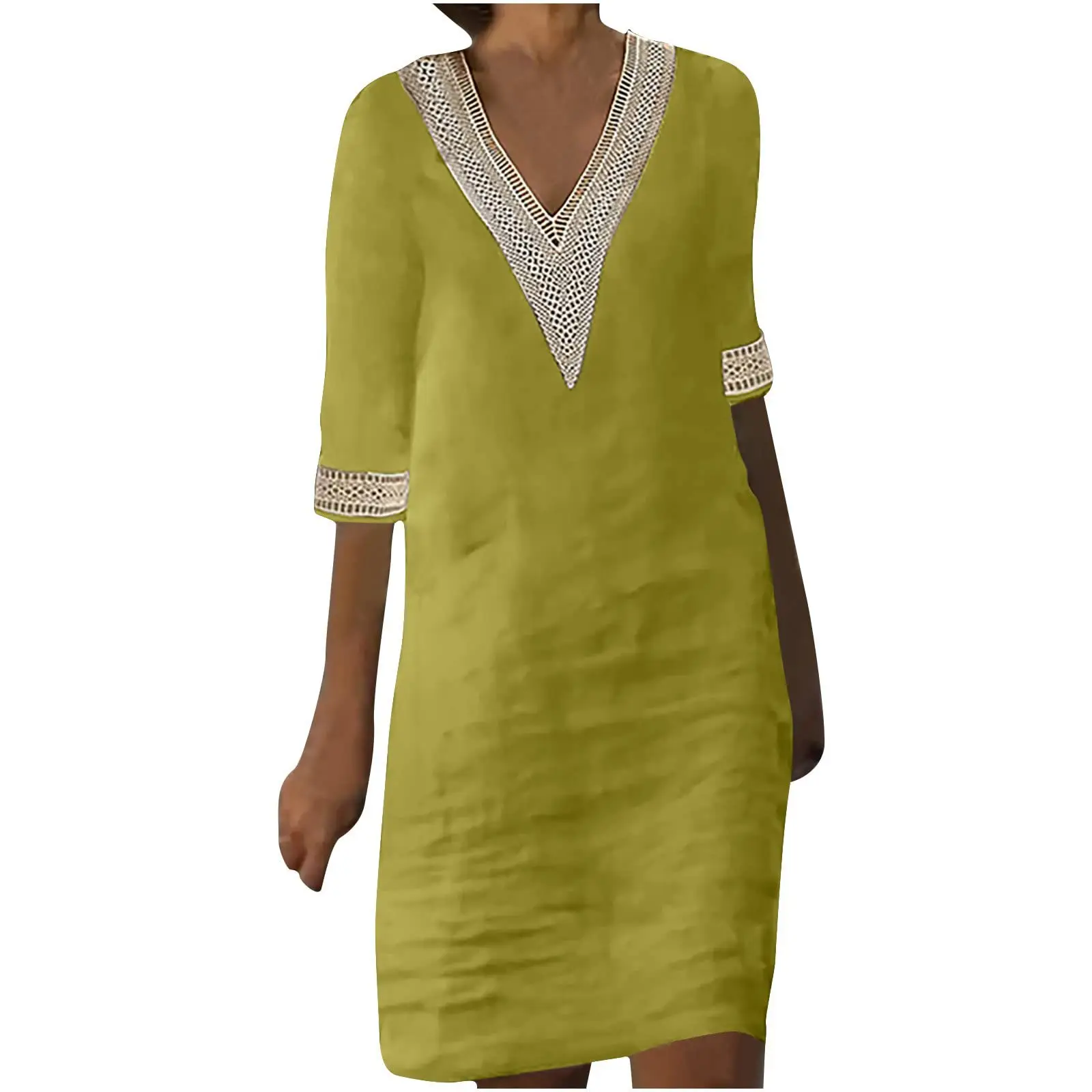 Women Cotton Linen V-Neck Dress White Seven Sleeve - Image 5