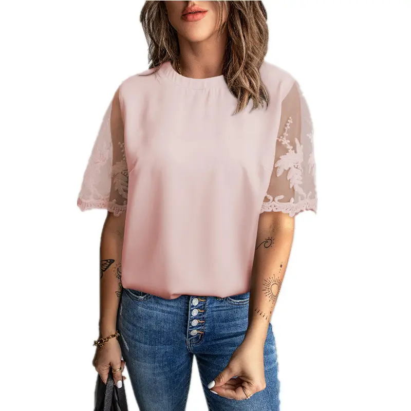 Women's Lace Chiffon Crew Neck Top with Lace Sleeves