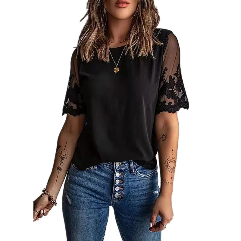 Women's Lace Chiffon Crew Neck Top with Lace Sleeves