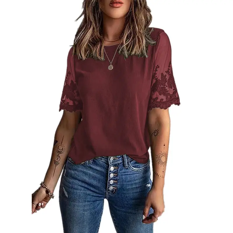 Women's Lace Chiffon Crew Neck Top with Lace Sleeves