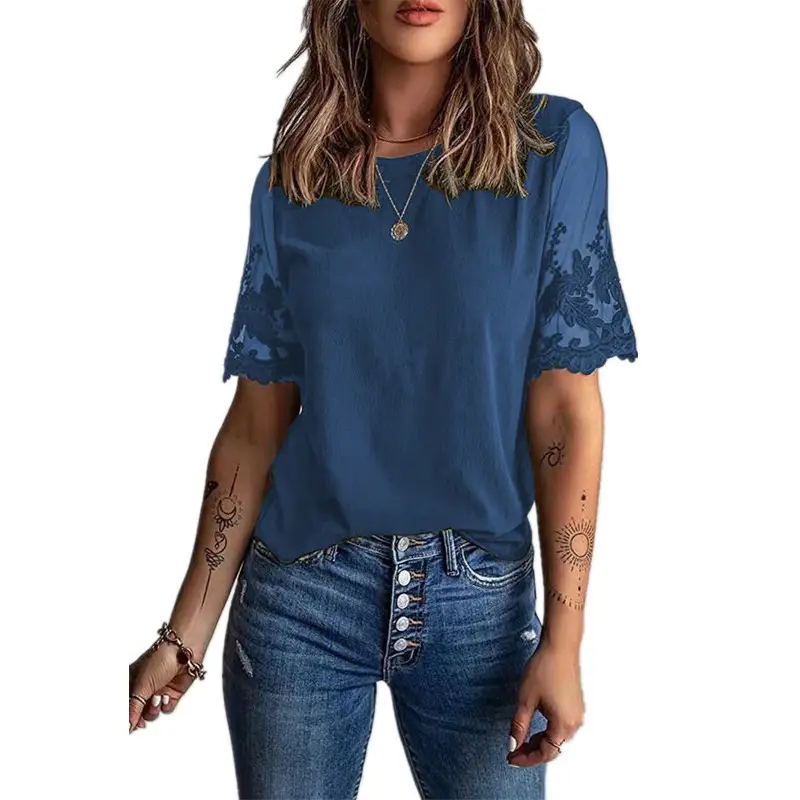 Women's Lace Chiffon Crew Neck Top with Lace Sleeves