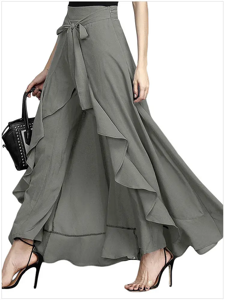 Women High Waist Chiffon Pants Olive Green Large