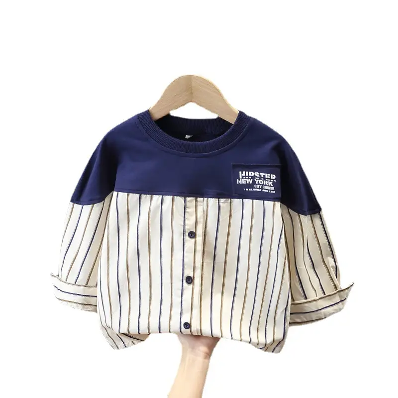 2026 Korean Boys Striped Patchwork Top T-Shirt 0-5Y