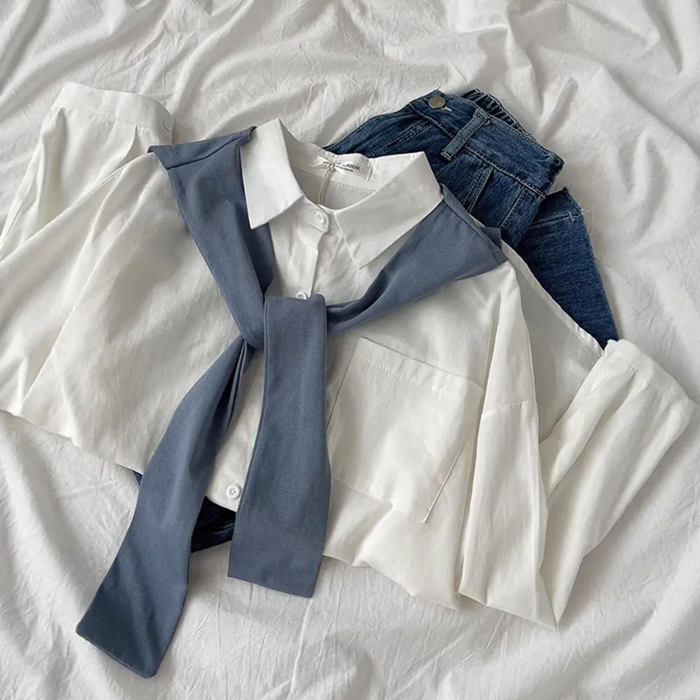 Women's White Blue Tie-Neck Shirt with Denim Pants