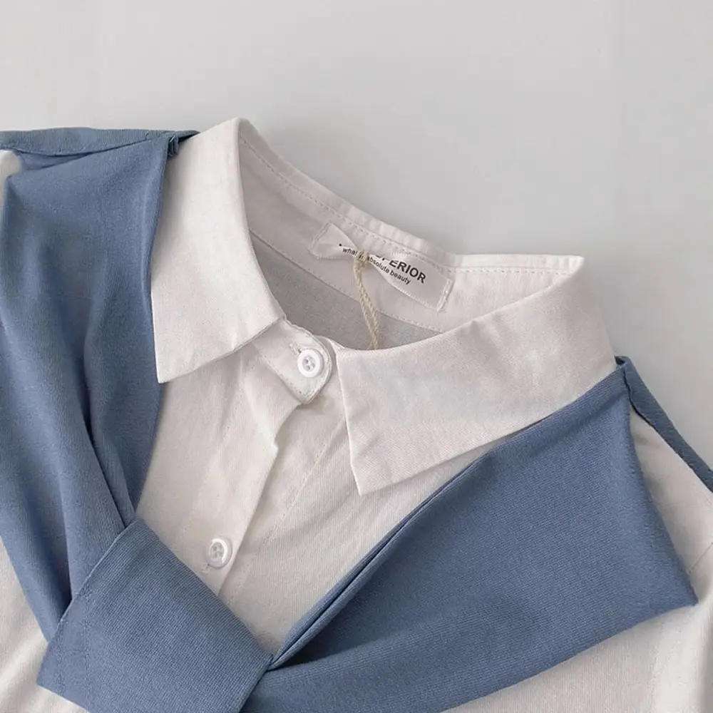 Women's White Blue Tie-Neck Shirt with Denim Pants