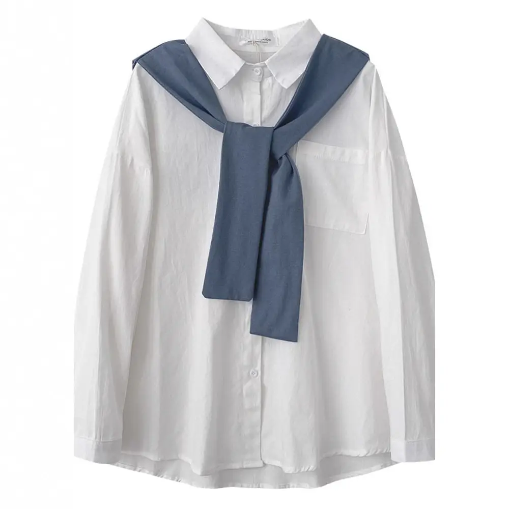 Women's White Blue Tie-Neck Shirt with Denim Pants
