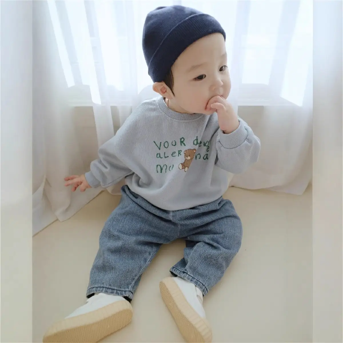Baby Bear Letter Swoosh T-Shirt Grey Blue Spring Coat - Image 5