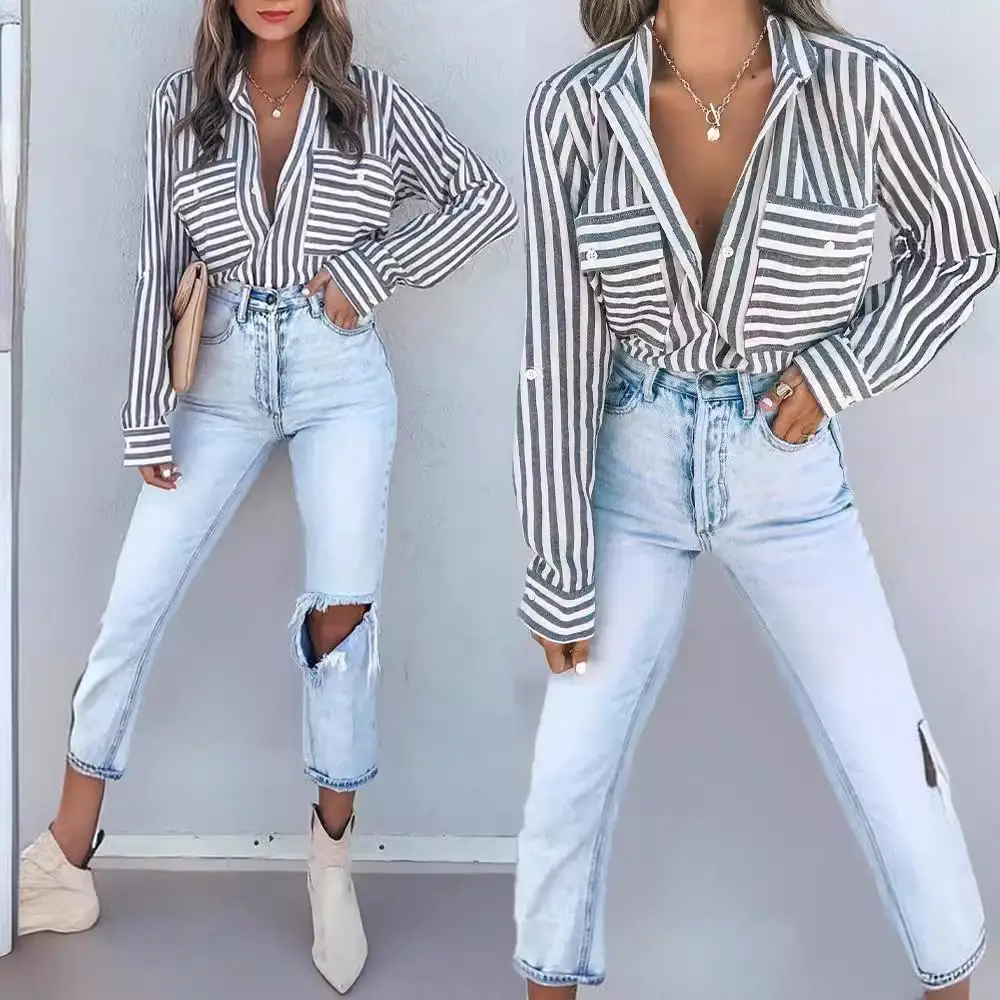 Women Green Striped Cotton Button Down Shirt with Jeans - Image 10