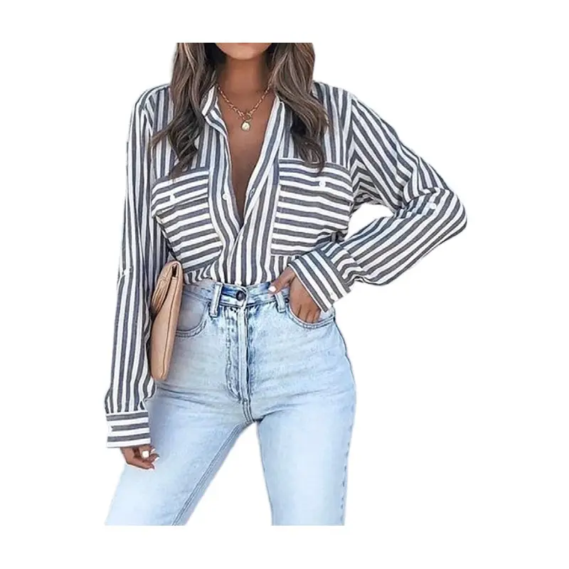 Women Green Striped Cotton Button Down Shirt with Jeans - Image 12