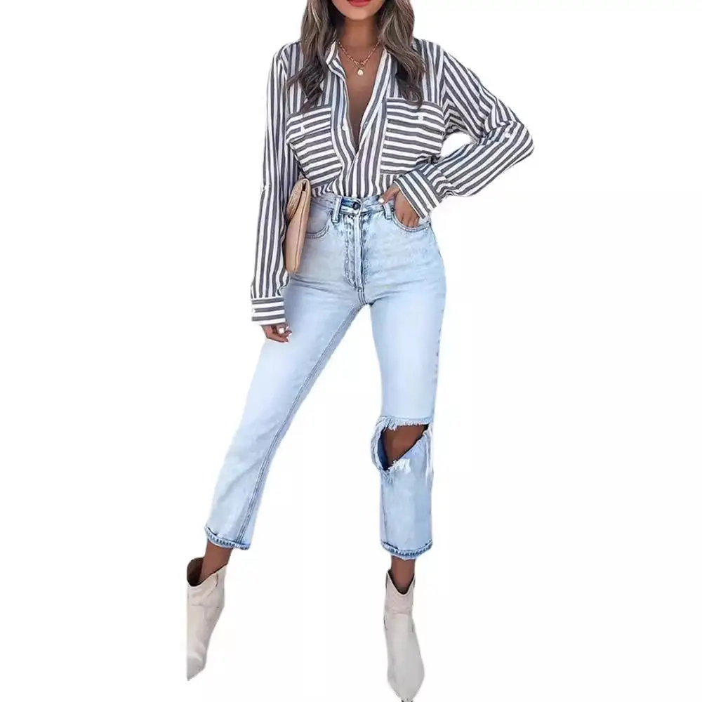 Women Green Striped Cotton Button Down Shirt with Jeans - Image 13
