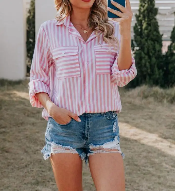 Women Green Striped Cotton Button Down Shirt with Jeans - Image 2